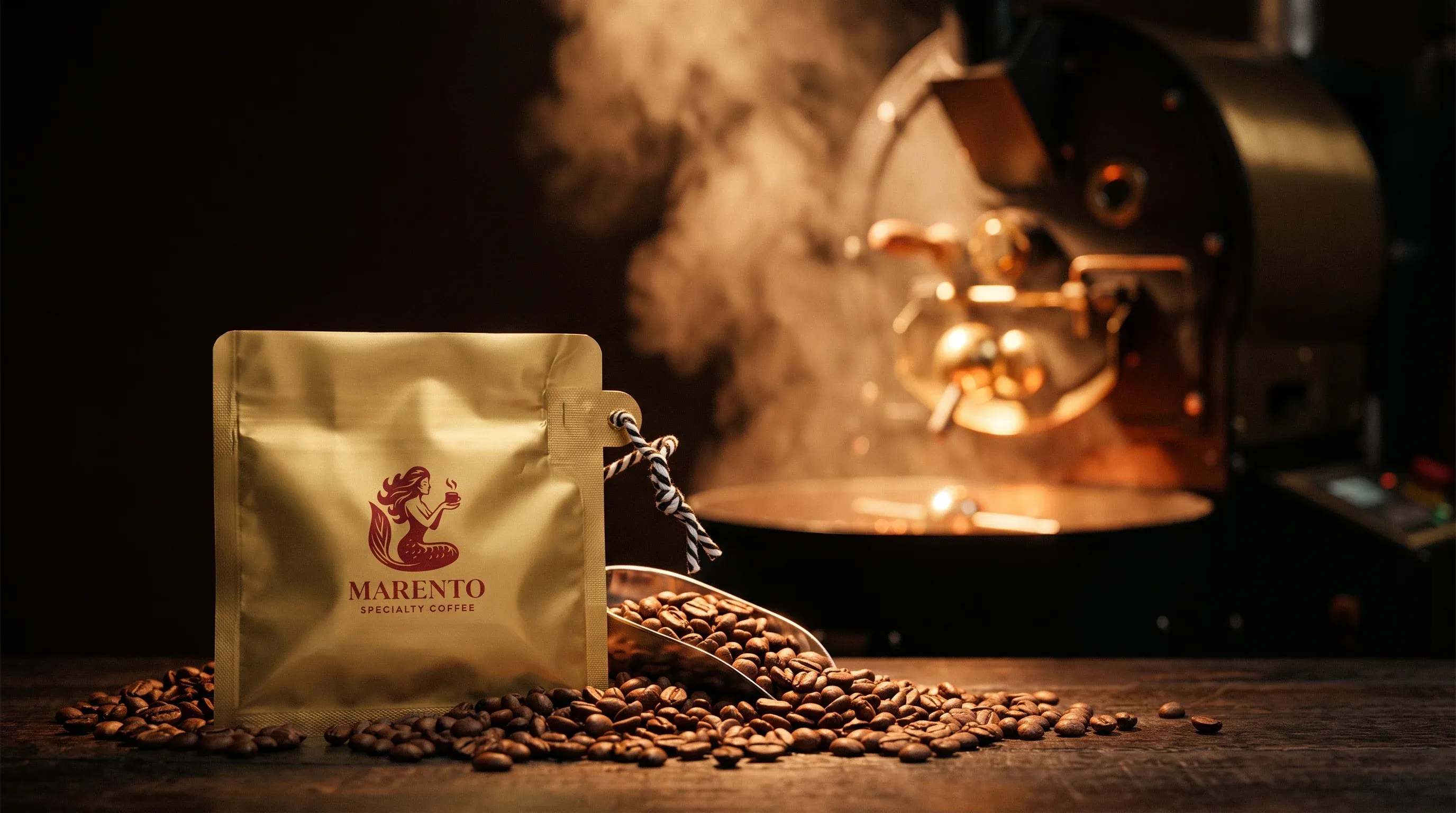 Sobre de café Marento ante la tostadora humeante