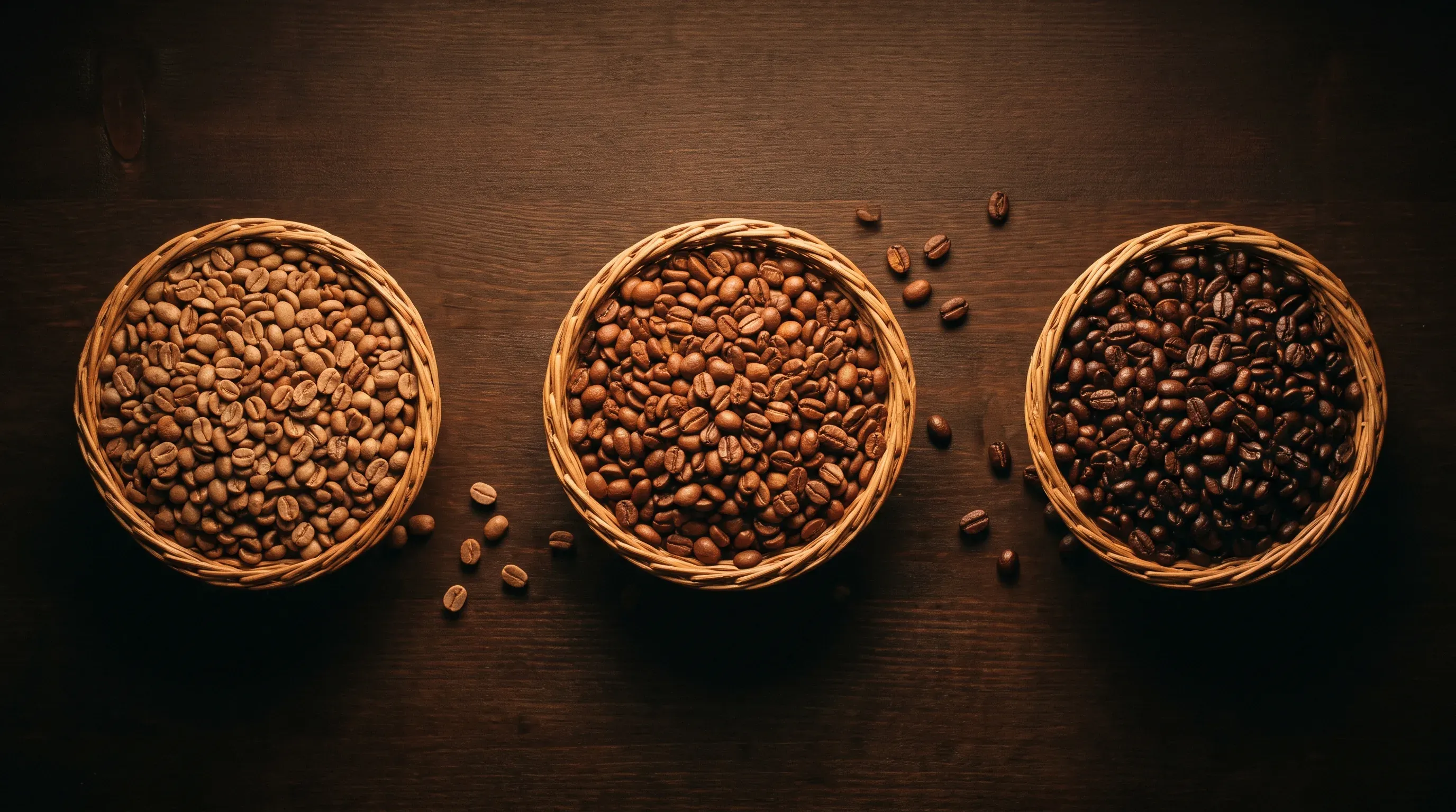 Tres cestos de café con tueste claro, medio y oscuro